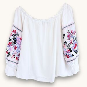 Sugarlips Embroidered Peasant Top Off Shoulder White Boho Blouse L